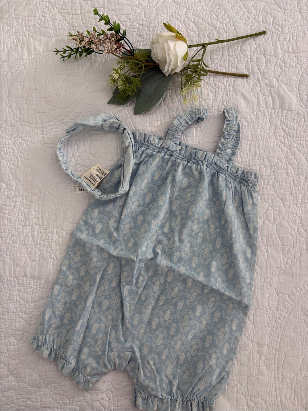 First Impressions Light Blue Pineapple Romper with Ruffle Straps & headband